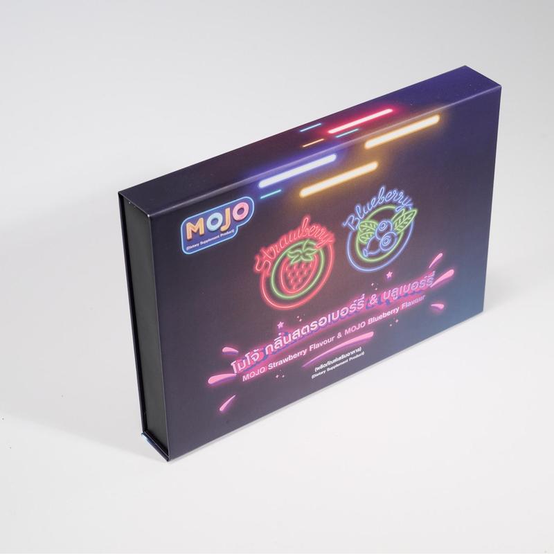 MOJO product packaging with neon-style text on a white background